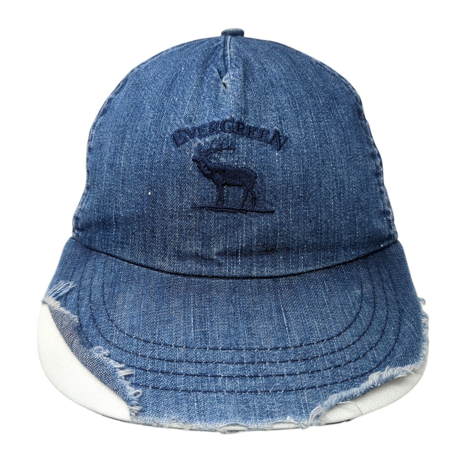 Ever Green Baseball Cap Blue One Size Adjustable Embroidered Distressed Denim