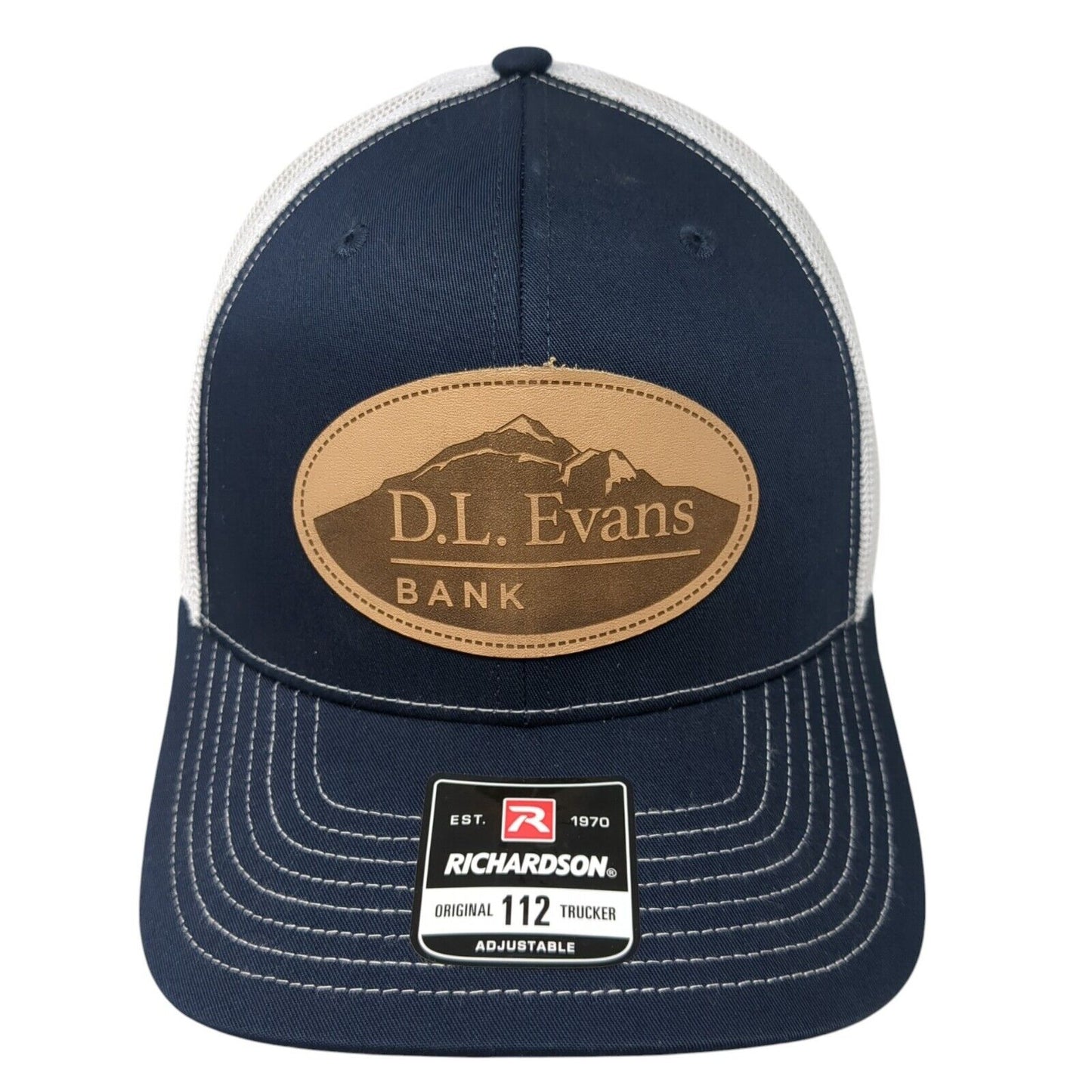 D.L. Evans Bank Patch Snapback Trucker Hat Blue One Size Mesh Back