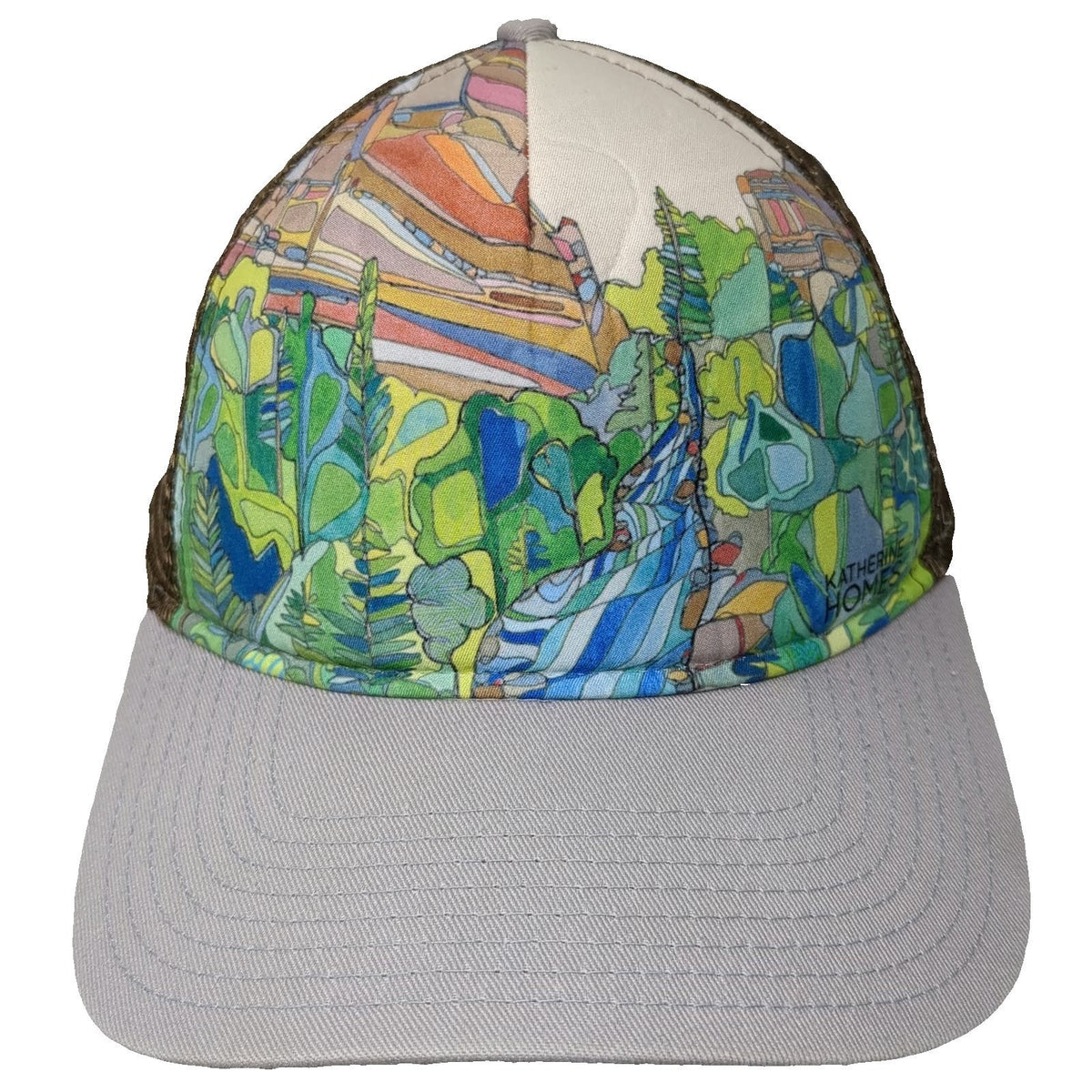 Katherine Homes Trucker Hat Gray Brown One Size Landscape Waterfall Art Hat