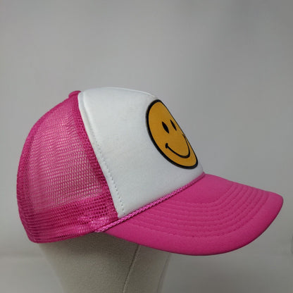 Smiley Emoji Embroidered Snapback Trucker Hat Pink One Size Mesh Back Rope