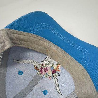 Vie Trucker Hat Blue Gray White One Size Mesh Floral Longhorn Skull Embroidery