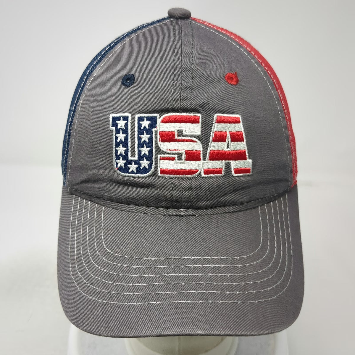 Outdoor Cap Trucker Hat Gray Red Blue One Size USA Split Mesh Back Snapback