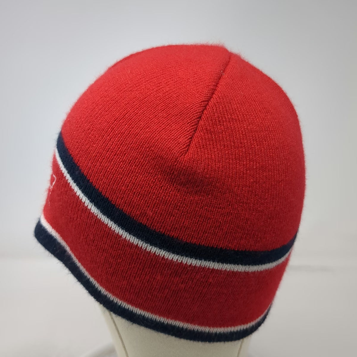 Budweiser Bowtie Logo Red One Size Beanie Hat Blue White Stripes Knit Beer