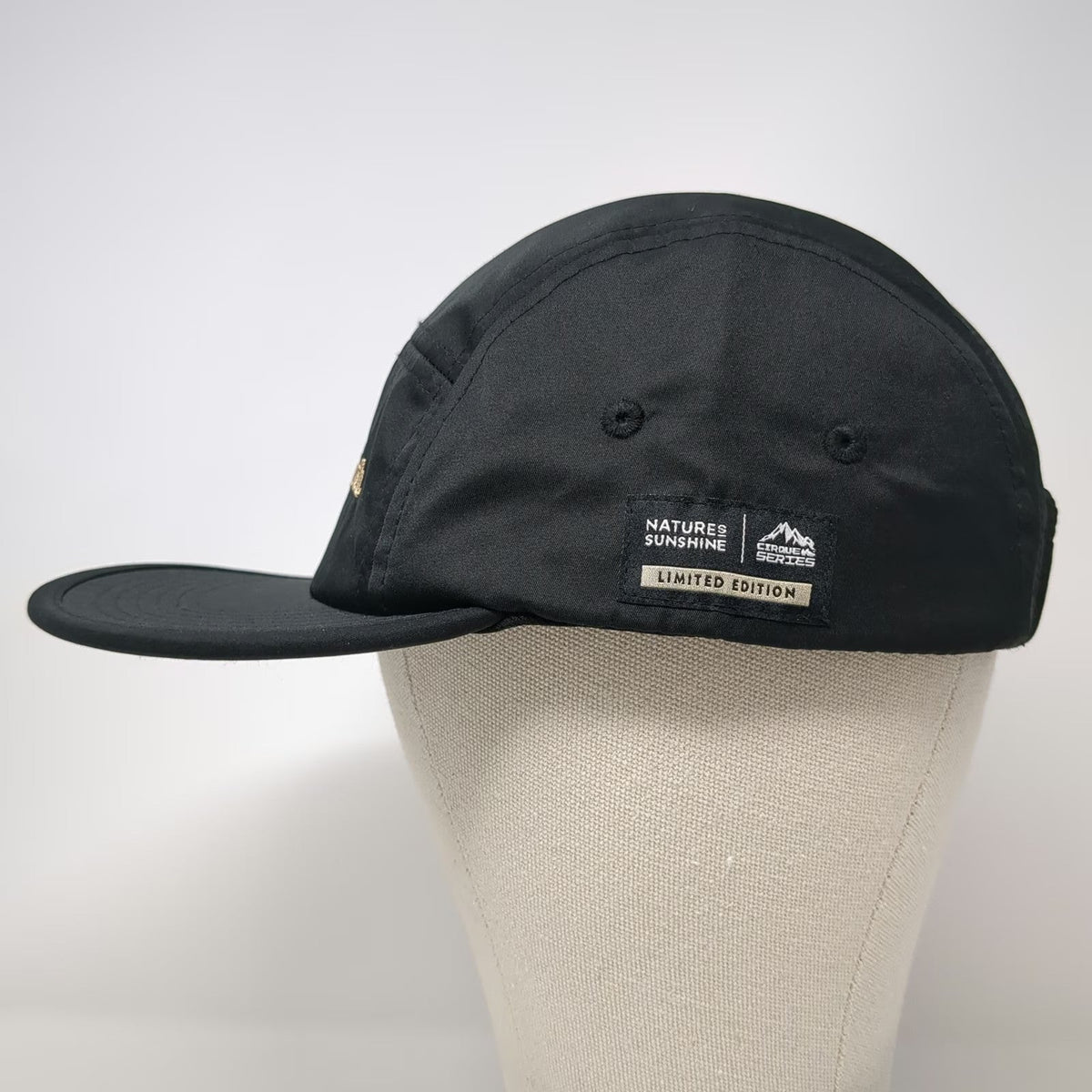 5 Panel Black One Size Hat Be More Earth Slideback Nature's Sunshine Gold Run