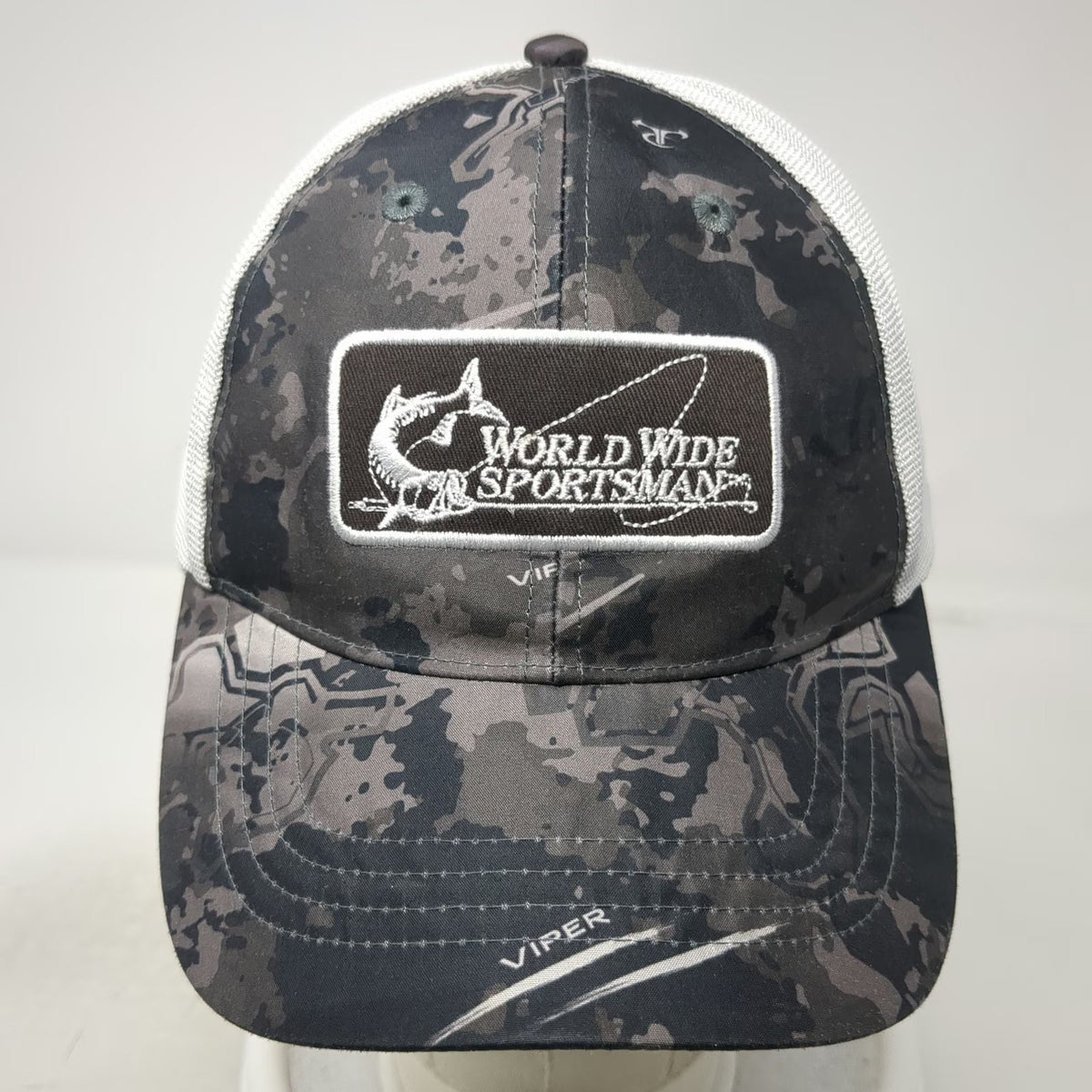 World Wide Sportsman Trucker Hat Black White One Size Viper Camo Mesh Snapback
