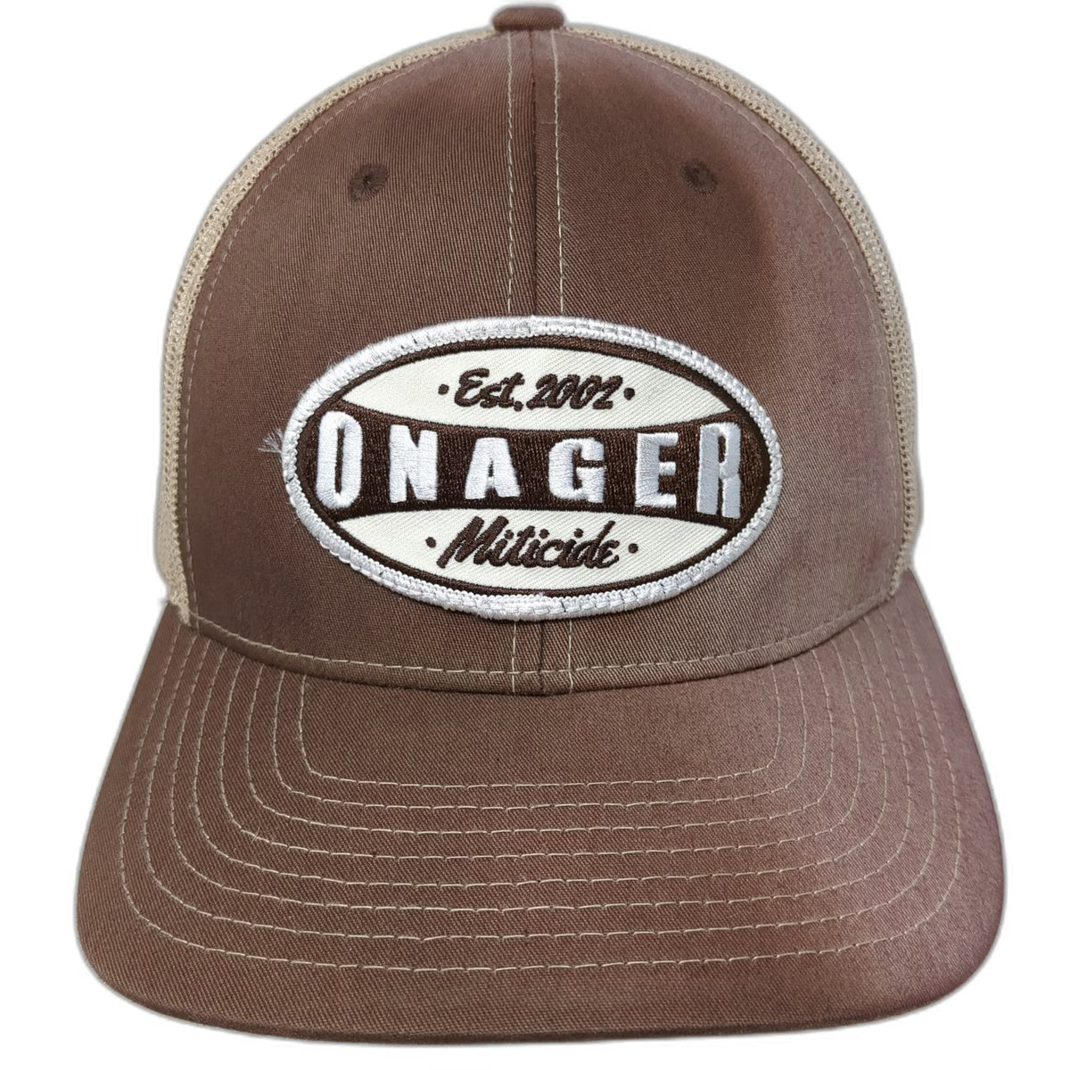 Richardson Trucker Hat Brown One Size Onager Miticide Est 2002 Mesh Back Patch