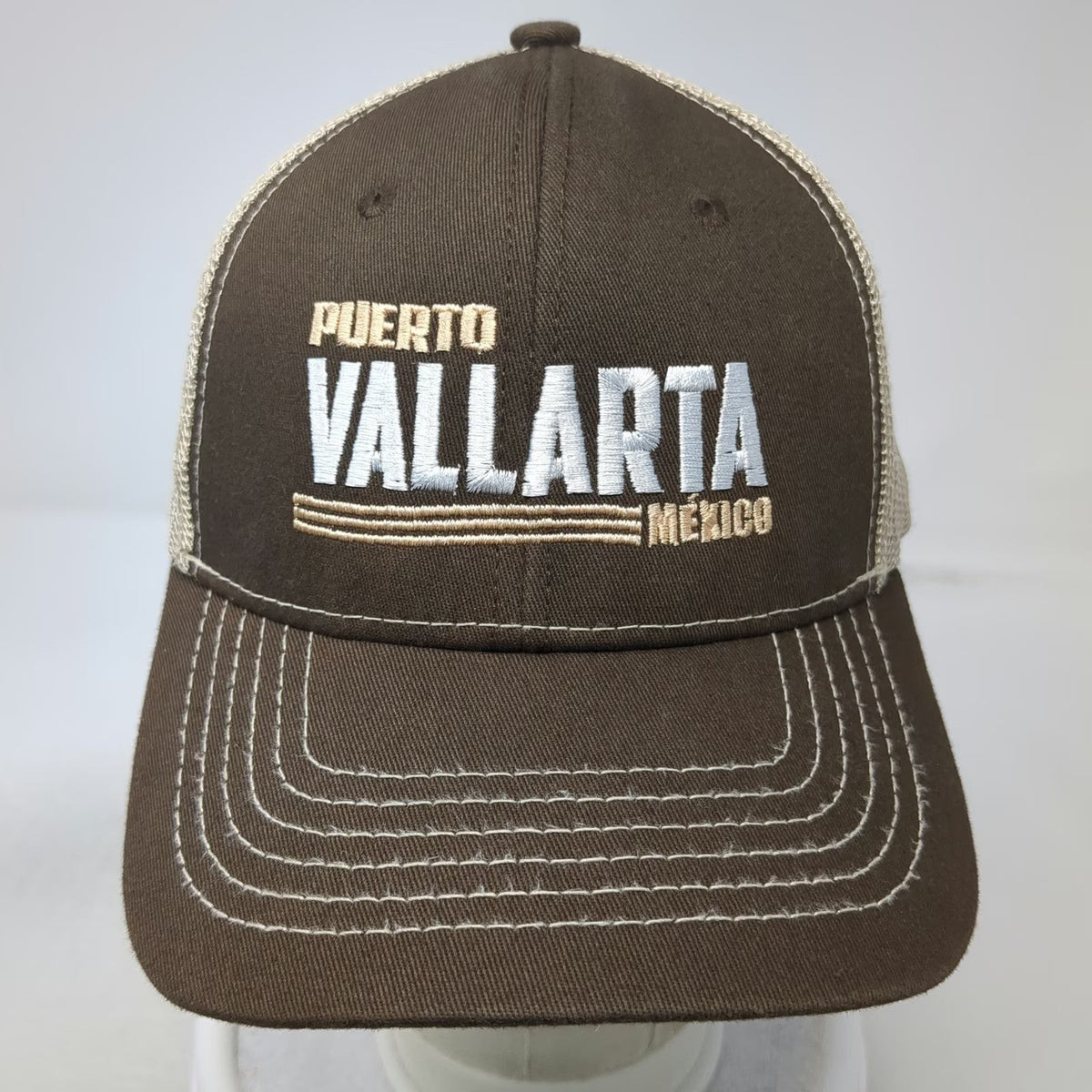 Invasion Brown Trucker Hat One Size Puerto Vallarta Mexico Mesh Snapback Stitch