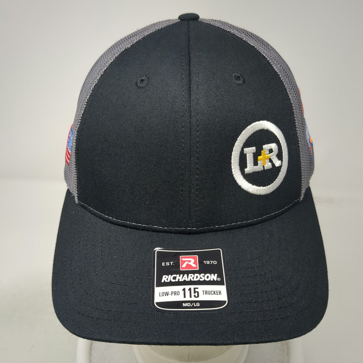 Richardson Trucker Hat Black L Ryker Strong LR Cross American Flag Mesh Snapback