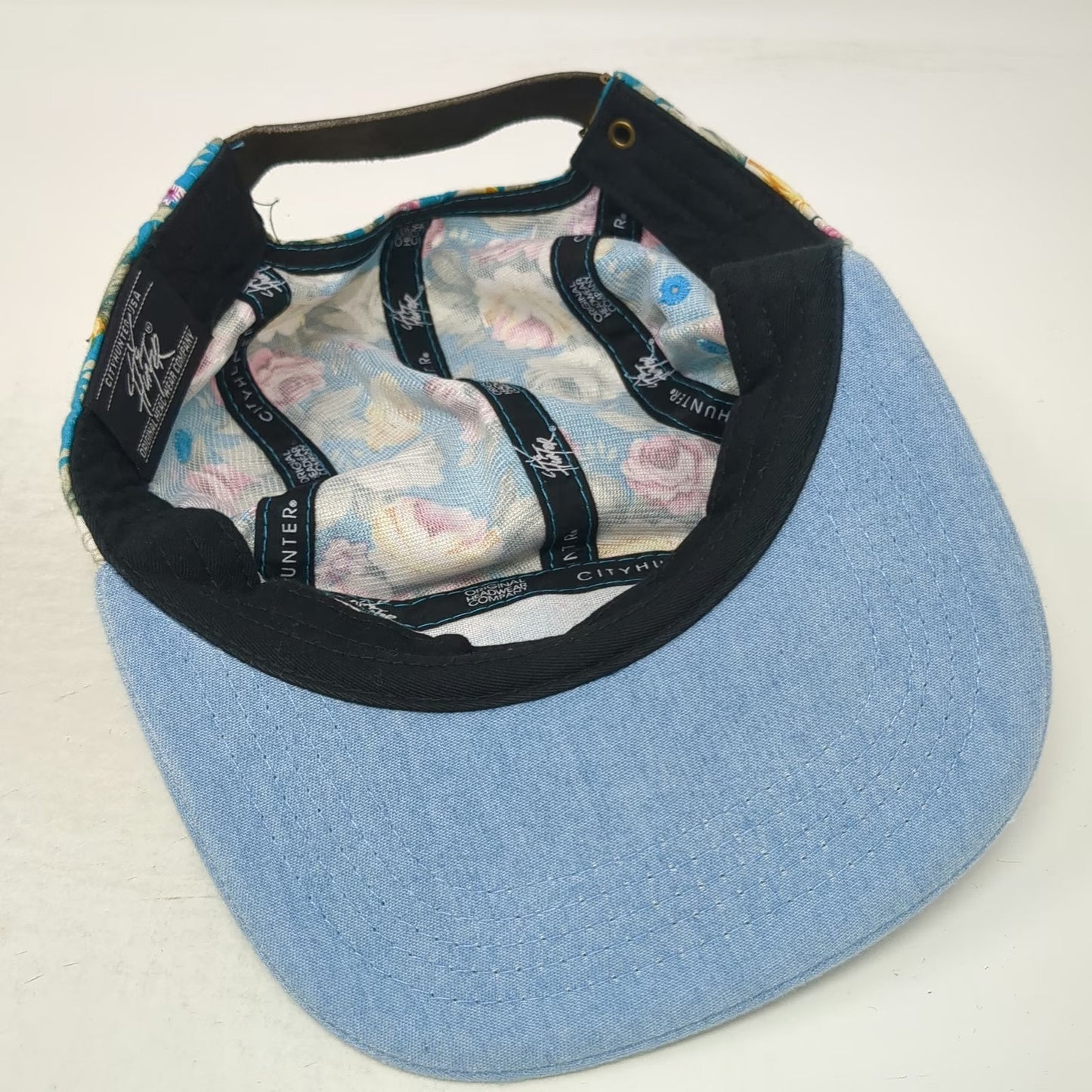 City Hunter 5 Panel Blue Floral Hat Denim Brim One Size Strapback Cotton NY Logo