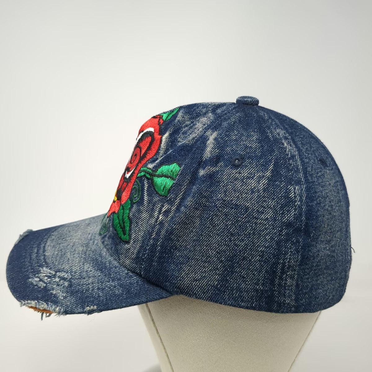 Hattitude 5 Panel Blue One Size Hat Embroidered Rose Distressed Denim Slideback