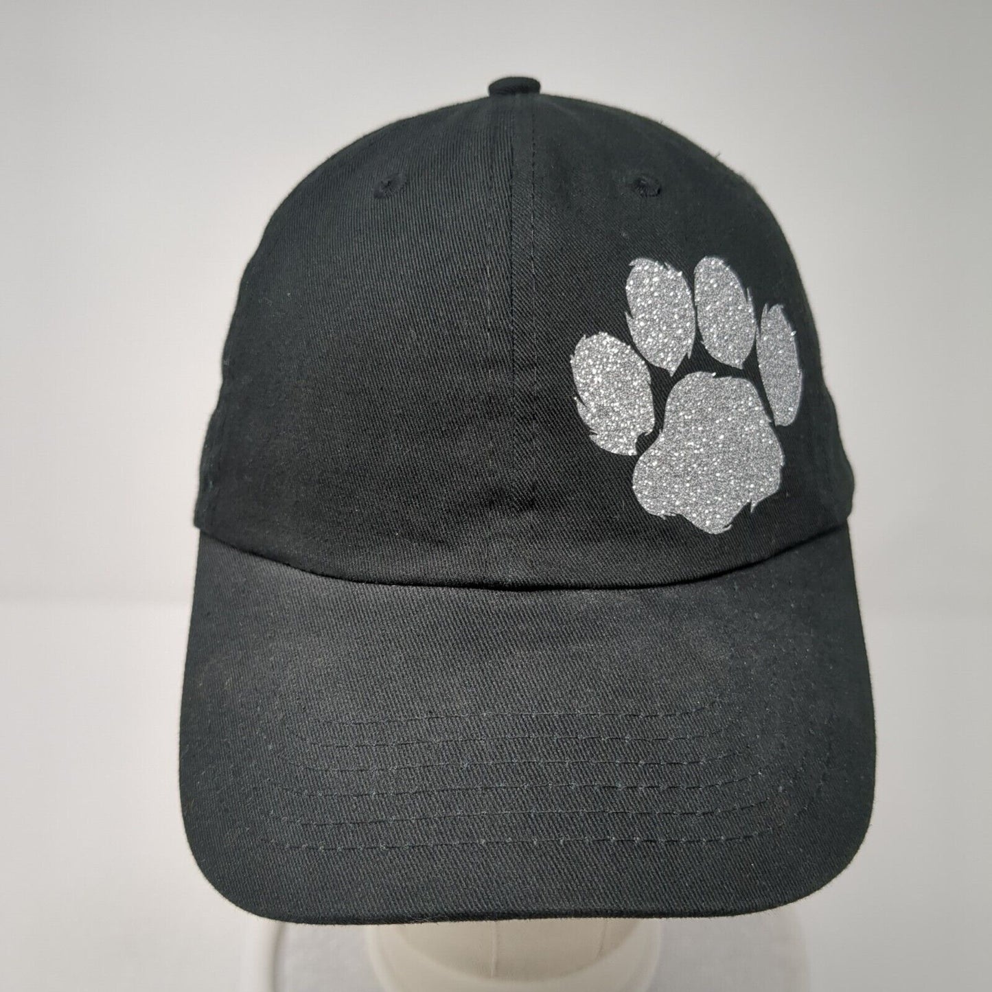 Paw Print Slideback Hat Black One Size Adjustable Vented Holes 6 Panel Cotton