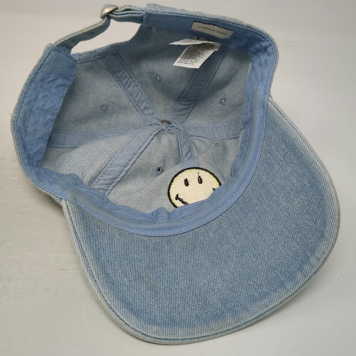 American Eagle Baseball Cap Blue One Size Denim Smiley Face Slideback Cotton Hat