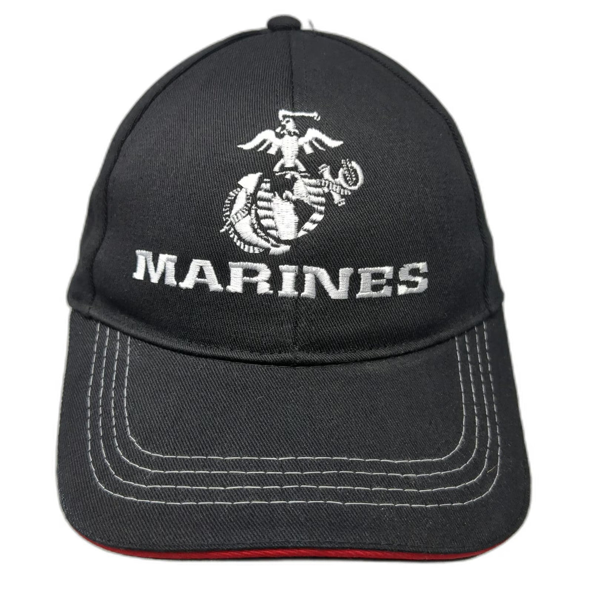 Snapback Black Hat One Size US Marines Made In USA Red Sandwich Brim Gray Stitch