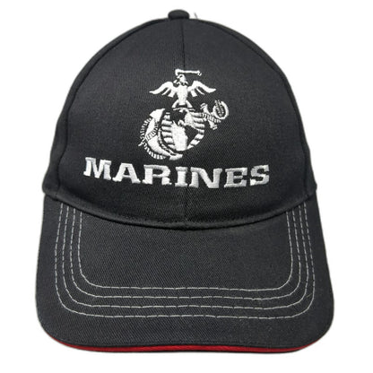 Snapback Black Hat One Size US Marines Made In USA Red Sandwich Brim Gray Stitch