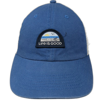 Life is Good Trucker Hat Blue One Size Beach Chair Sun Patch Snapback Mesh Cap
