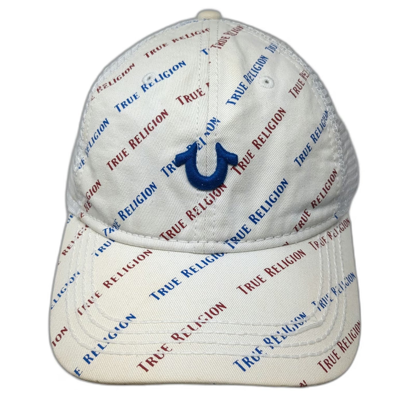 True Religion Trucker Hat White Blue Red One Size All Over Print Mesh Logo