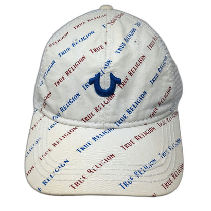 True Religion Trucker Hat White Blue Red One Size All Over Print Mesh Logo