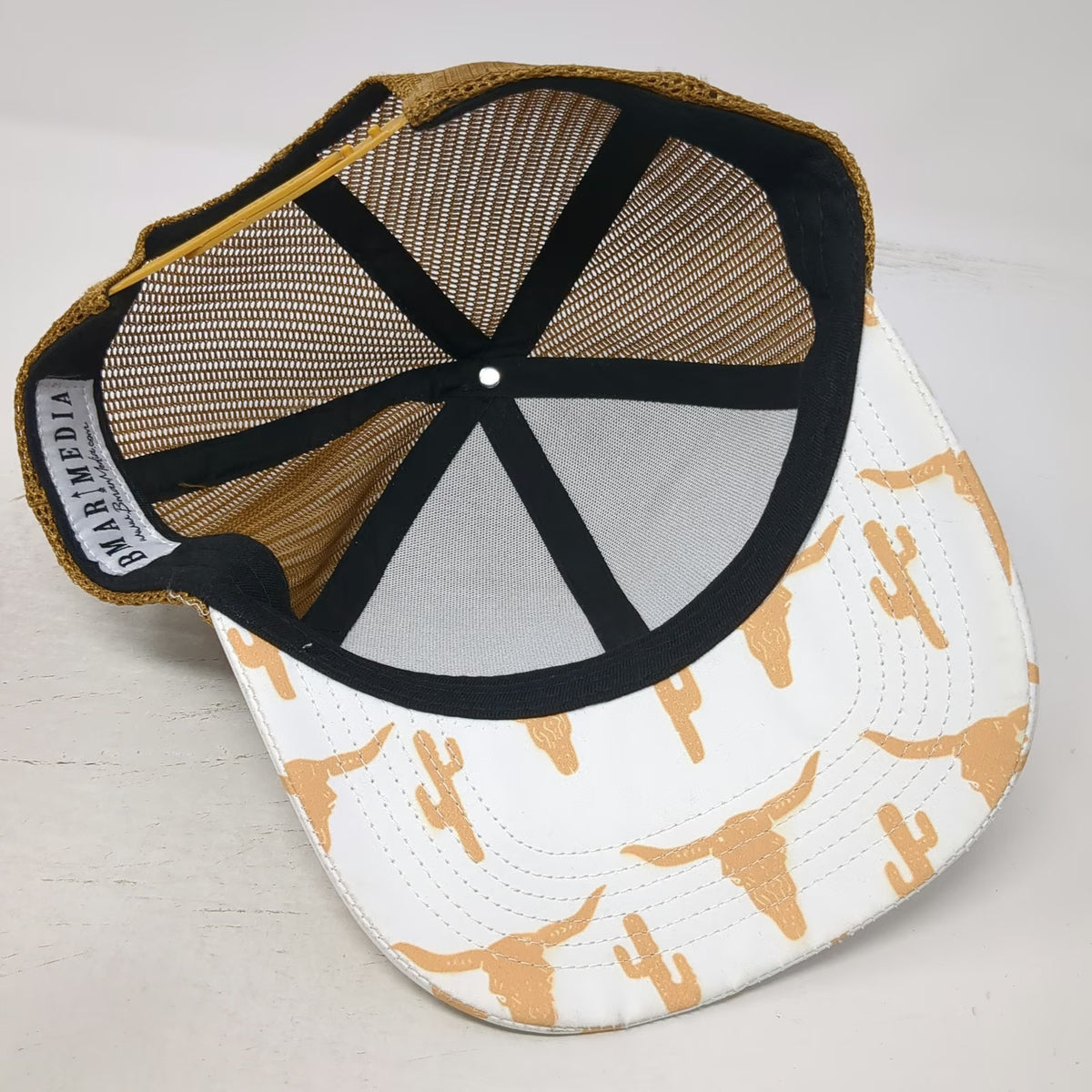 Campin Cowgirl Trucker Hat White Brown One Size Longhorn Cactus Graphic Patch