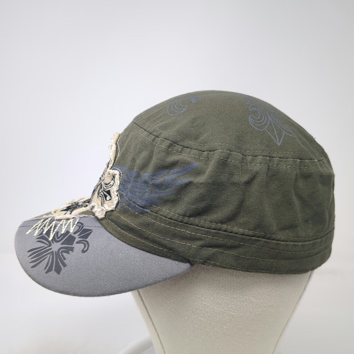 Army Cap Green One Size Distressed Cross Rhinestone Studs Fleur De Lis Wing Hat