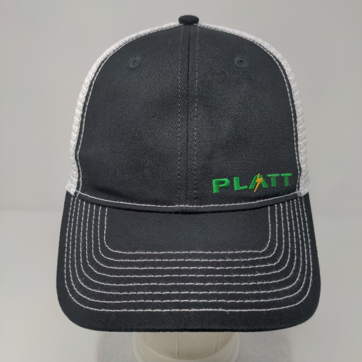 PLATT Fitted Trucker Hat Black OSFA Embroidered Vented Holes 6 Panel Mesh Back