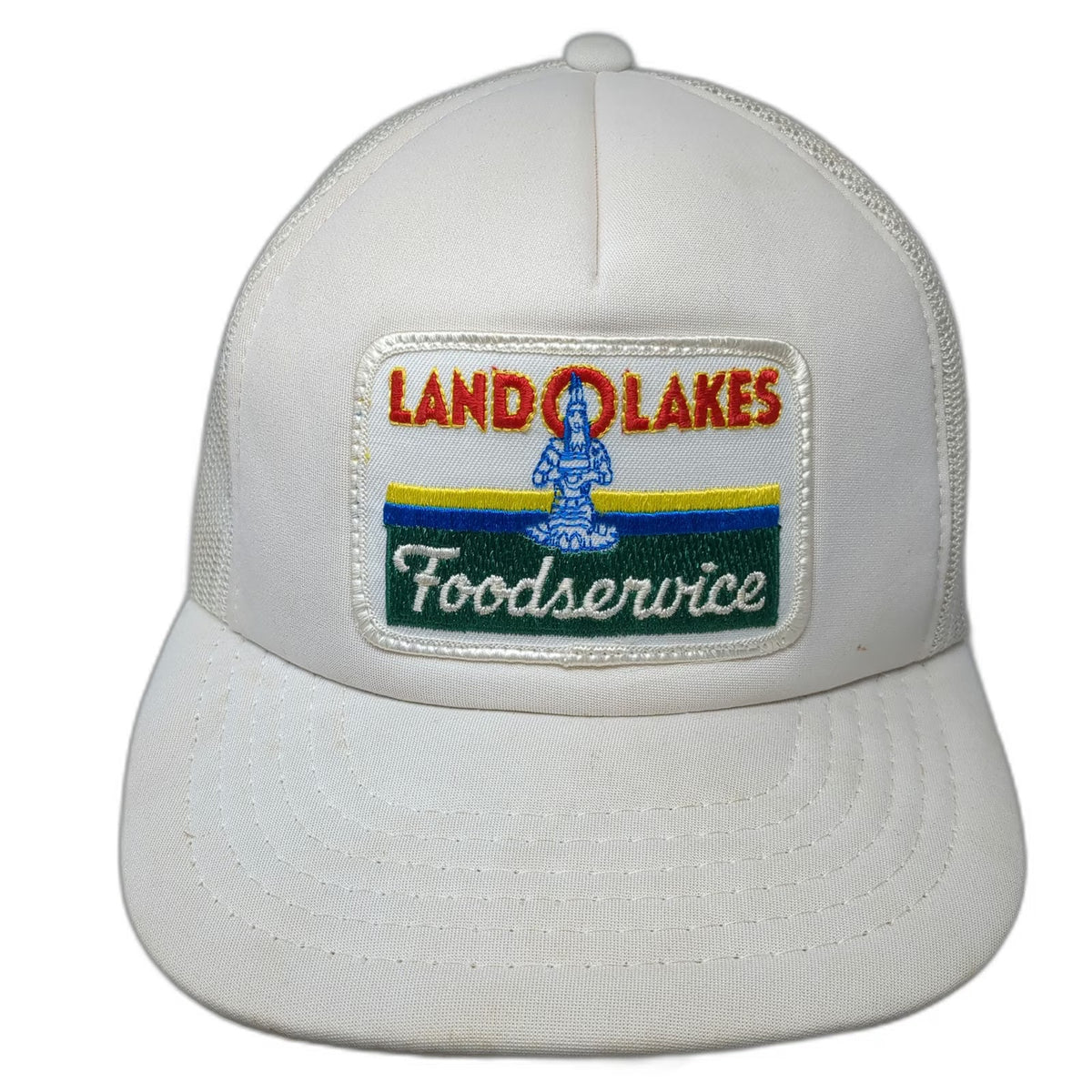 Yupoong White Trucker Hat Land O Lakes Foodservice Maiden Logo Patch Vintage
