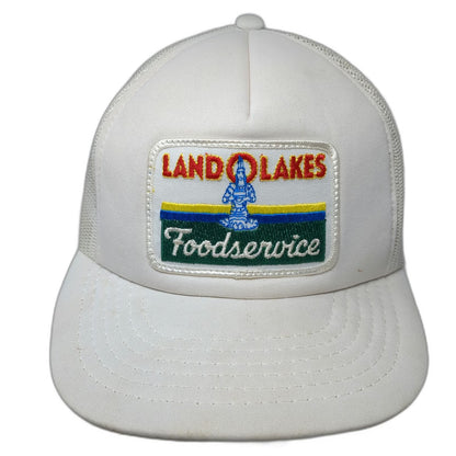 Yupoong White Trucker Hat Land O Lakes Foodservice Maiden Logo Patch Vintage