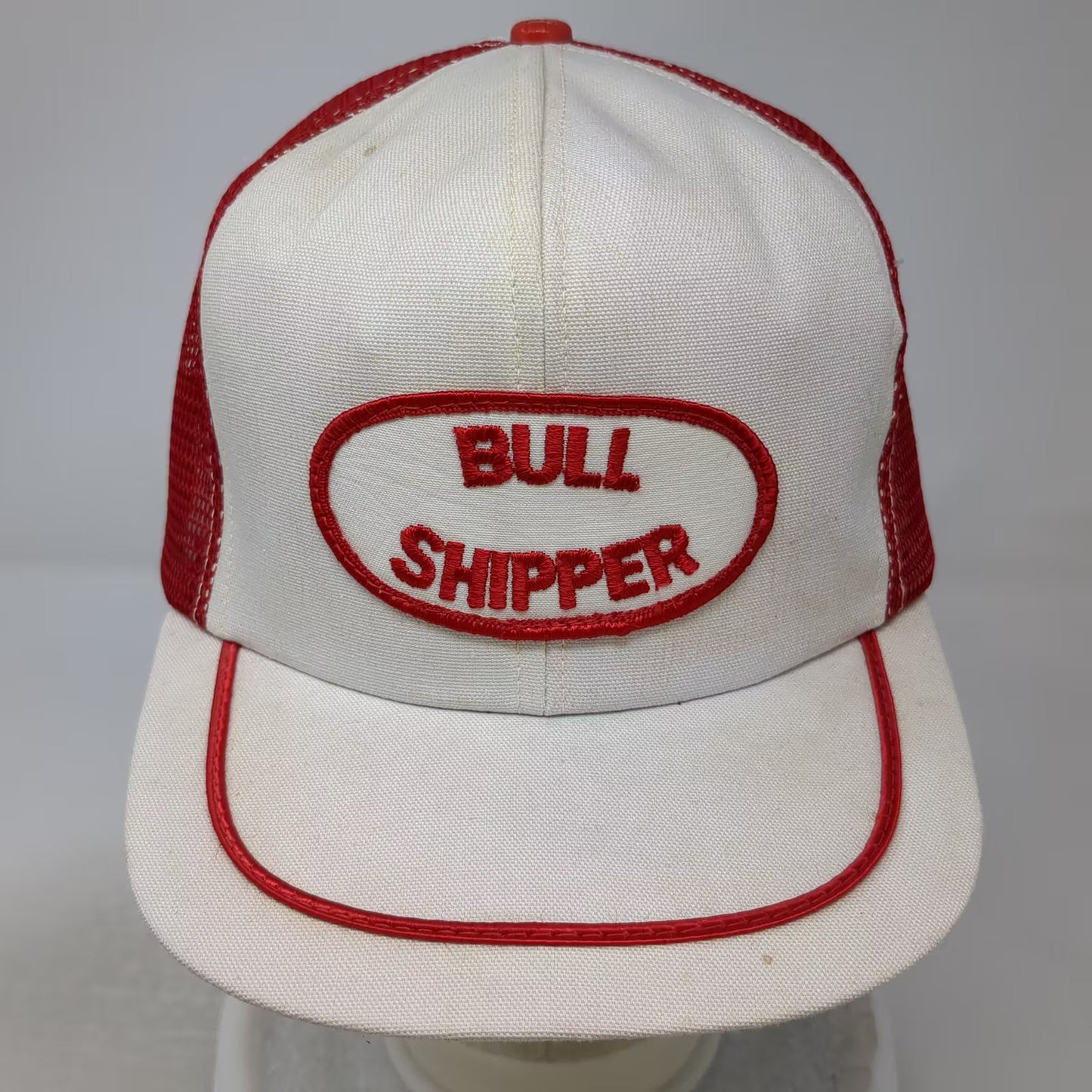 BULL SHIPPER Hat White Red Snapback 7 5/8 Trucker Mesh Back Patch Vintage USA
