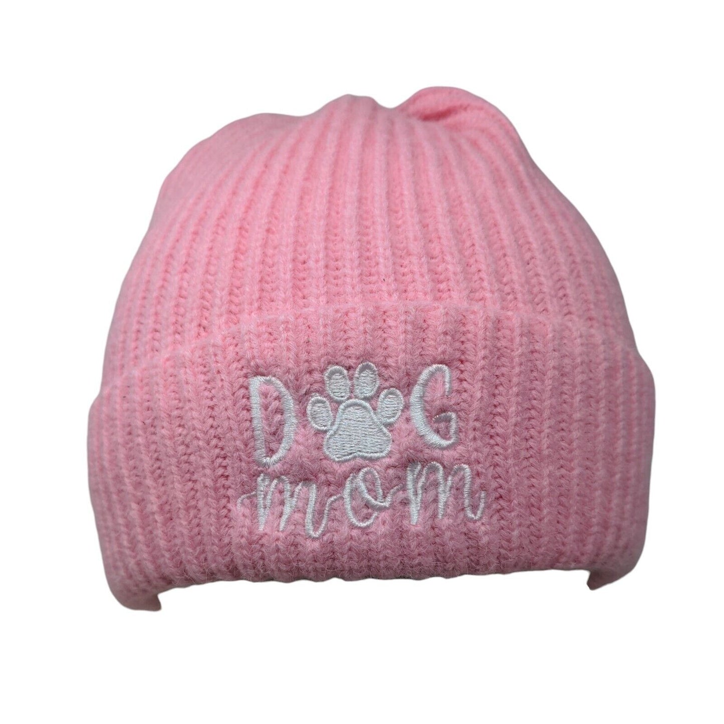 Dog Mom Ribbed Knit Beanie Hat Pink One Size Embroidered Solid