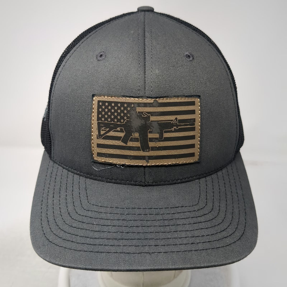 Richardson Trucker Hat Gray One Size American Flag Rifle Rush 10-8 Mesh Snapback