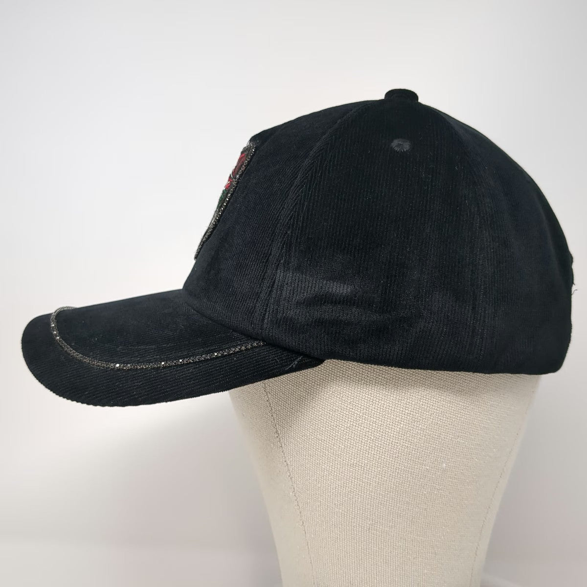 Black Baseball Cap One Size Corduroy Tiger Patch Studded Brim Hat Rhinestones