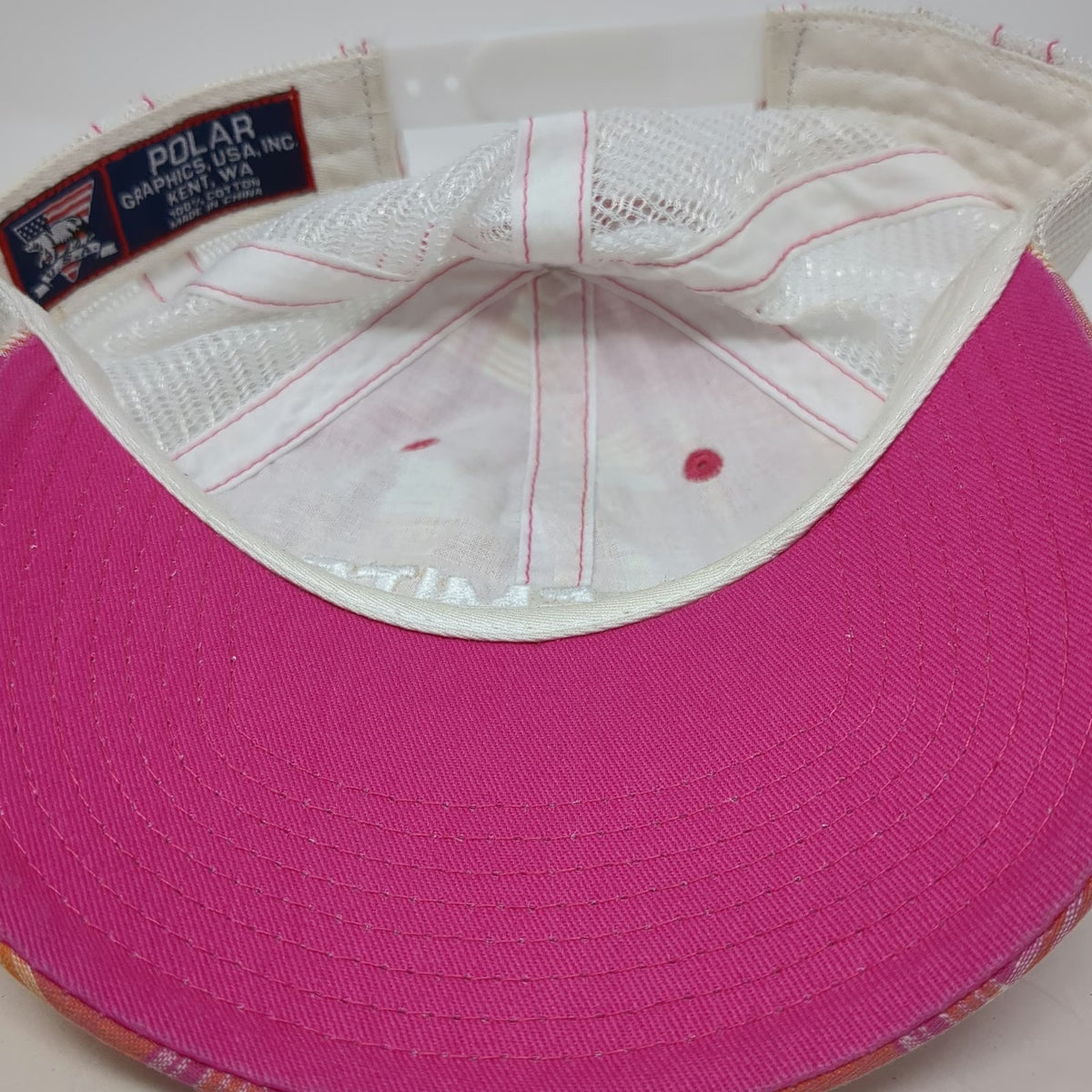 Polar Graphics Trucker Hat Pink White One Size Yosemite Plaid Mesh Snapback