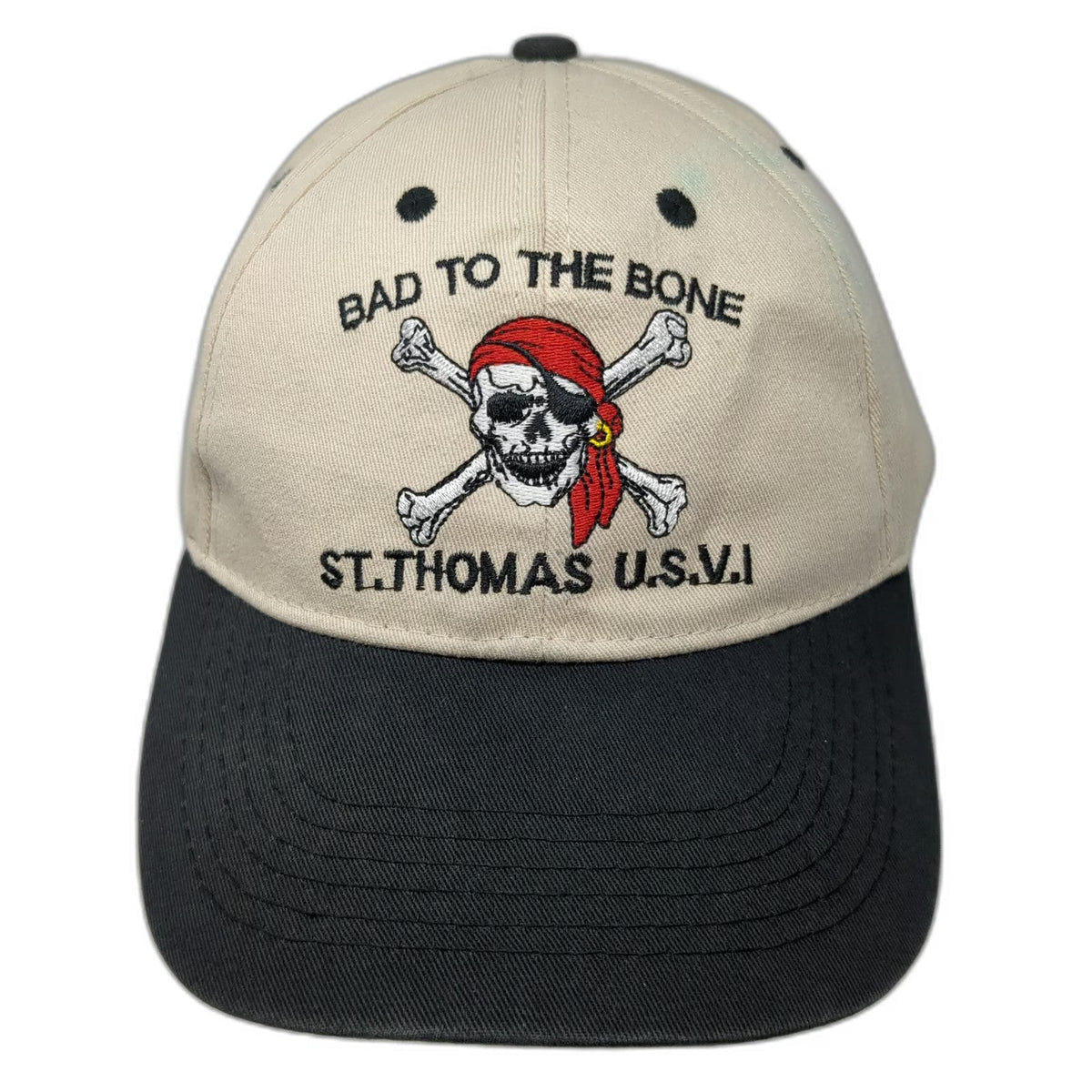 Baseball Cap Beige Black One Size Strapback Pirate Skull St Thomas USVI Hat
