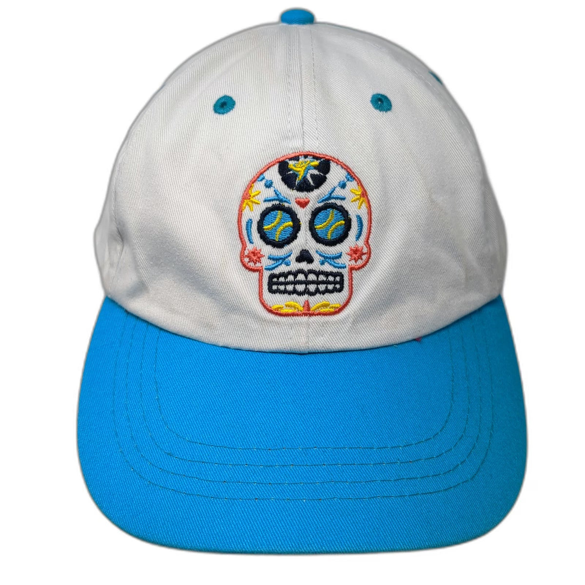 Baseball Cap White Blue One Size Sugar Skull Embroidered Day of the Dead Hat