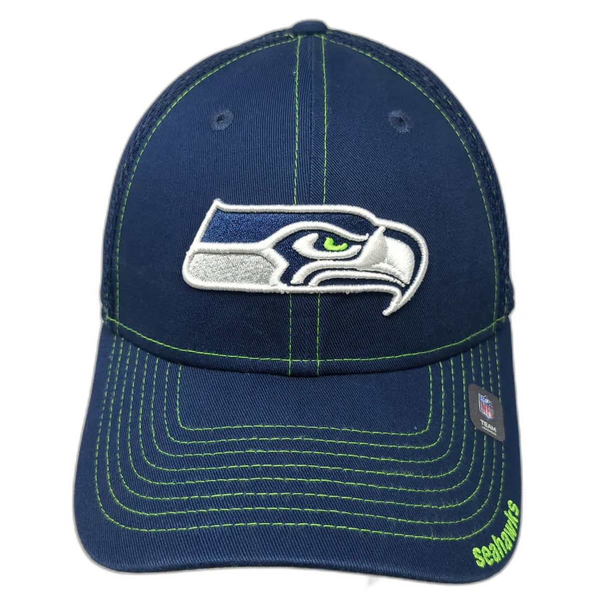 Seattle Seahawks NFL New Era Blue L Mesh Cap Stretch 39THIRTY Green Stitch Hat