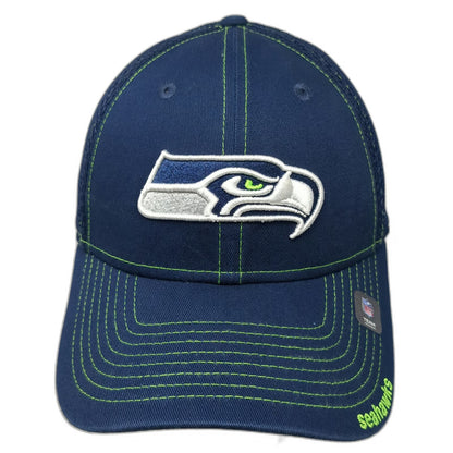 Seattle Seahawks NFL New Era Blue L Mesh Cap Stretch 39THIRTY Green Stitch Hat