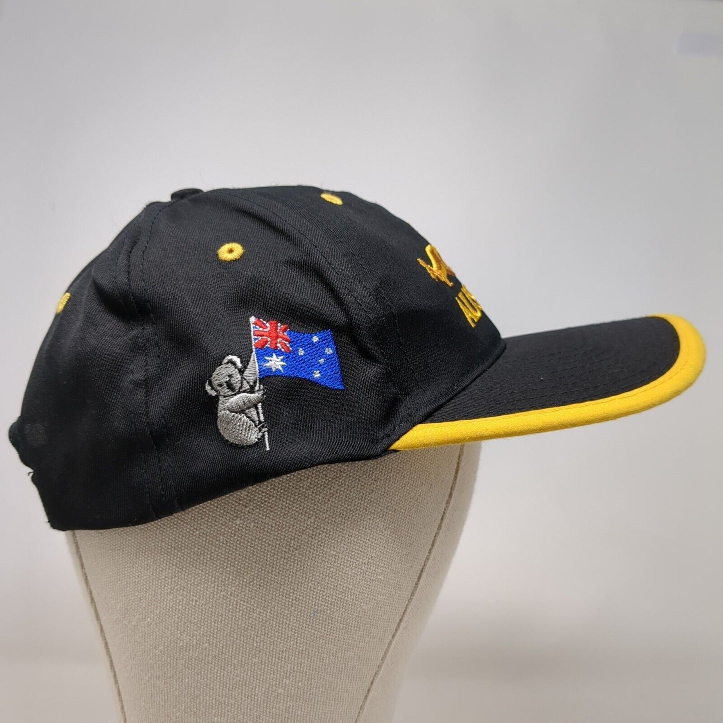 Australia Kangaroo Snapback Hat Black OSFA Embroidered Yellow Trim