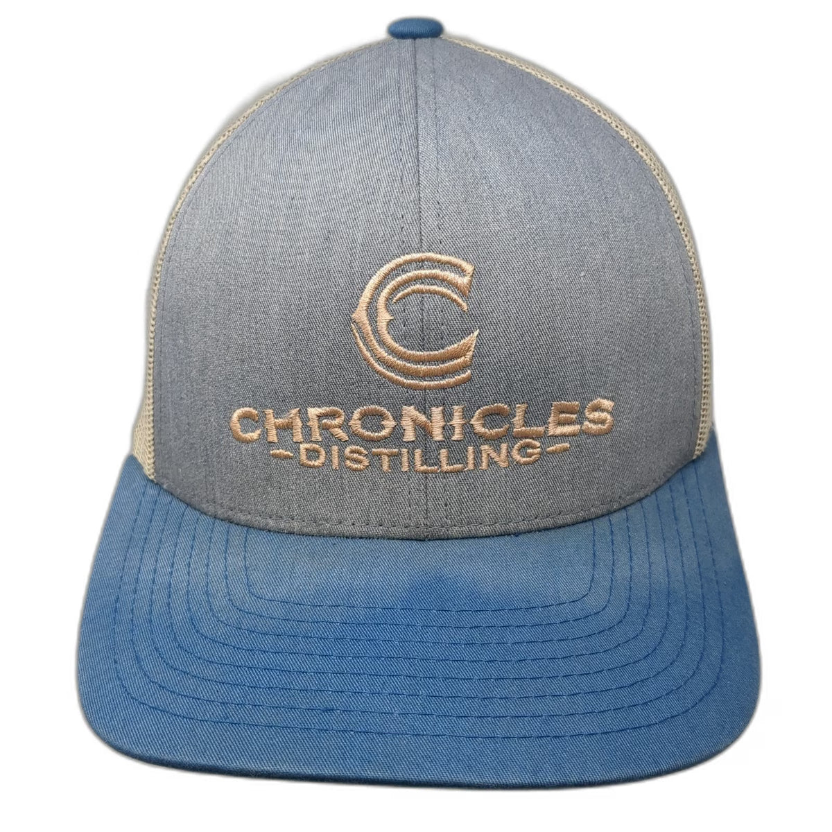 Pacific Headwear Trucker Hat Blue Beige One Size Chronicles Distilling Logo Hat