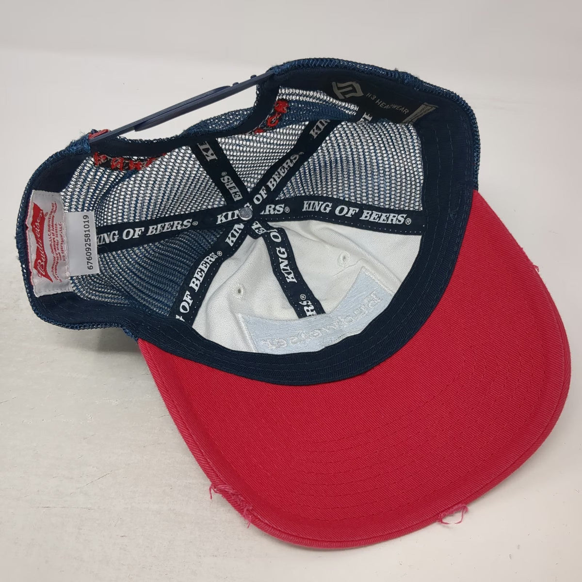 H3 Headwear Budweiser Trucker Hat White Red Blue One Size Distressed Mesh Logo