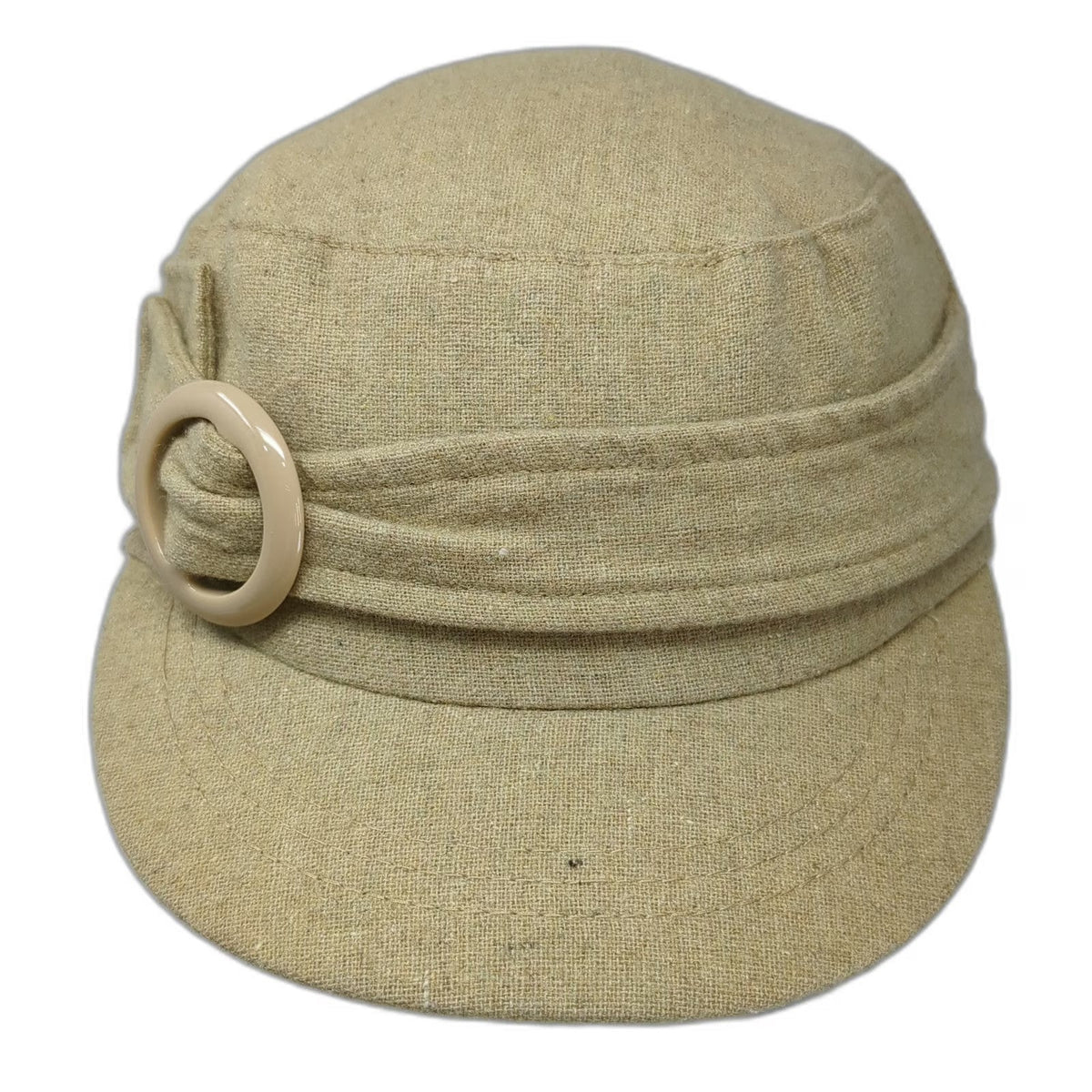 Army Cap Hat Beige One Size Buckle Ring Elastic Back Textured Fabric Plain Solid