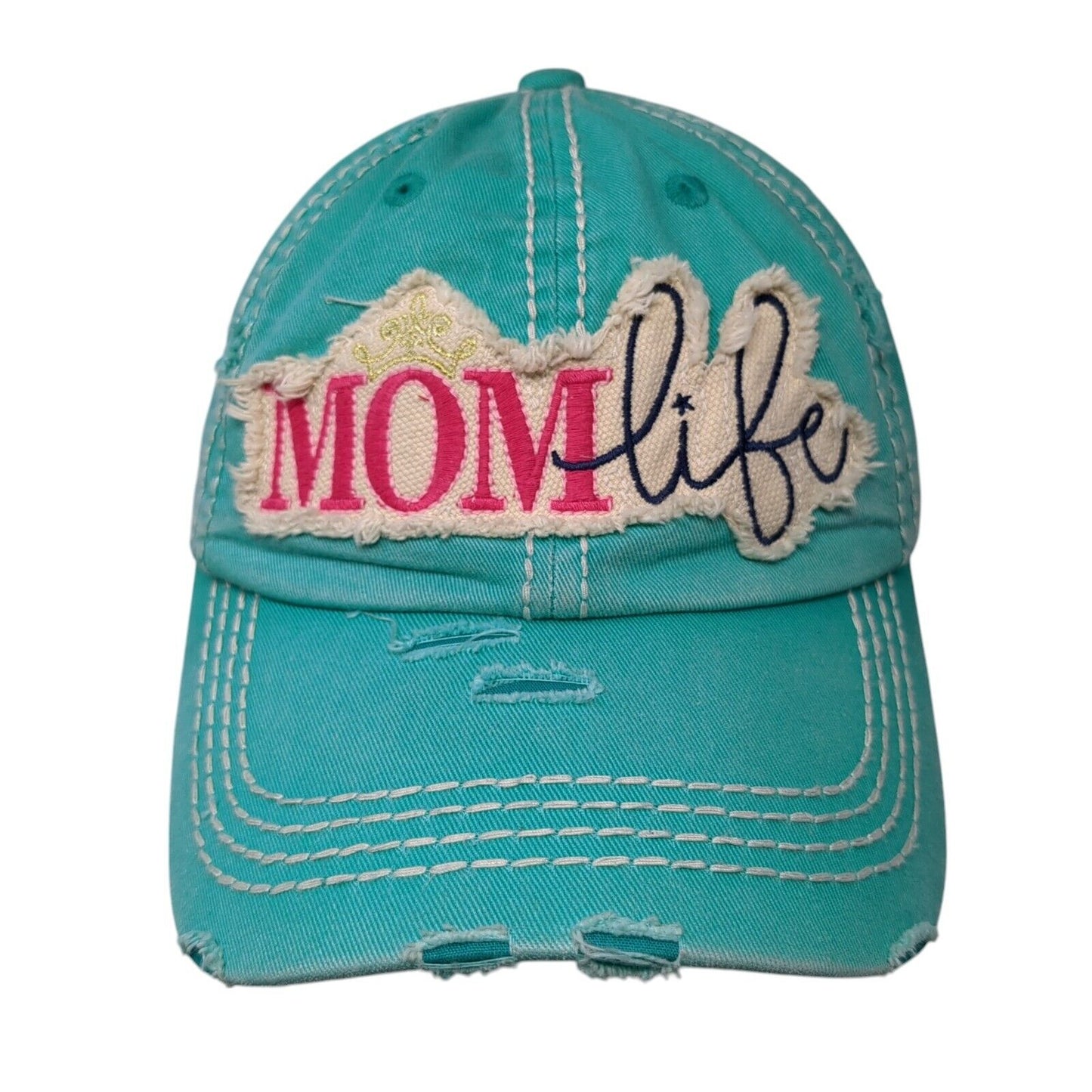 Mom Life Strapback Hat Bluish-Green OS Adjustable Distressed KB Ethos Vintage