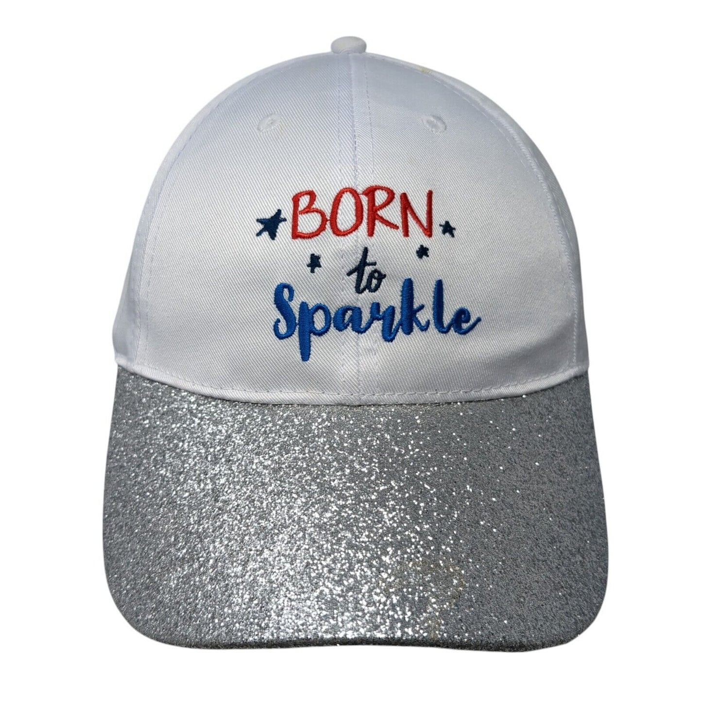 Born To Sparkle Strapback Hat White One Size Adjustable Glitter Embroidered