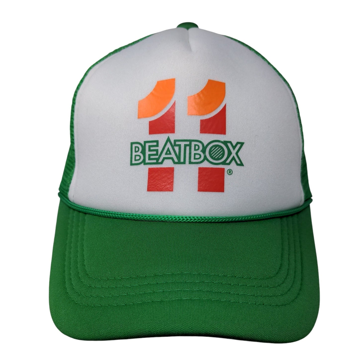 7-11 Beatbox Snapback Mesh Back Trucker Hat Green White Polyester Logo