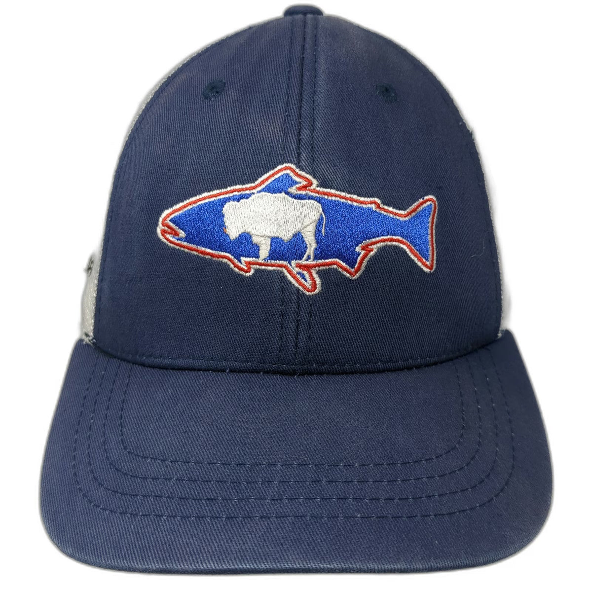 RepYourWater Trucker Hat Blue One Size Snapback Mesh Back Fish Buffalo Logo