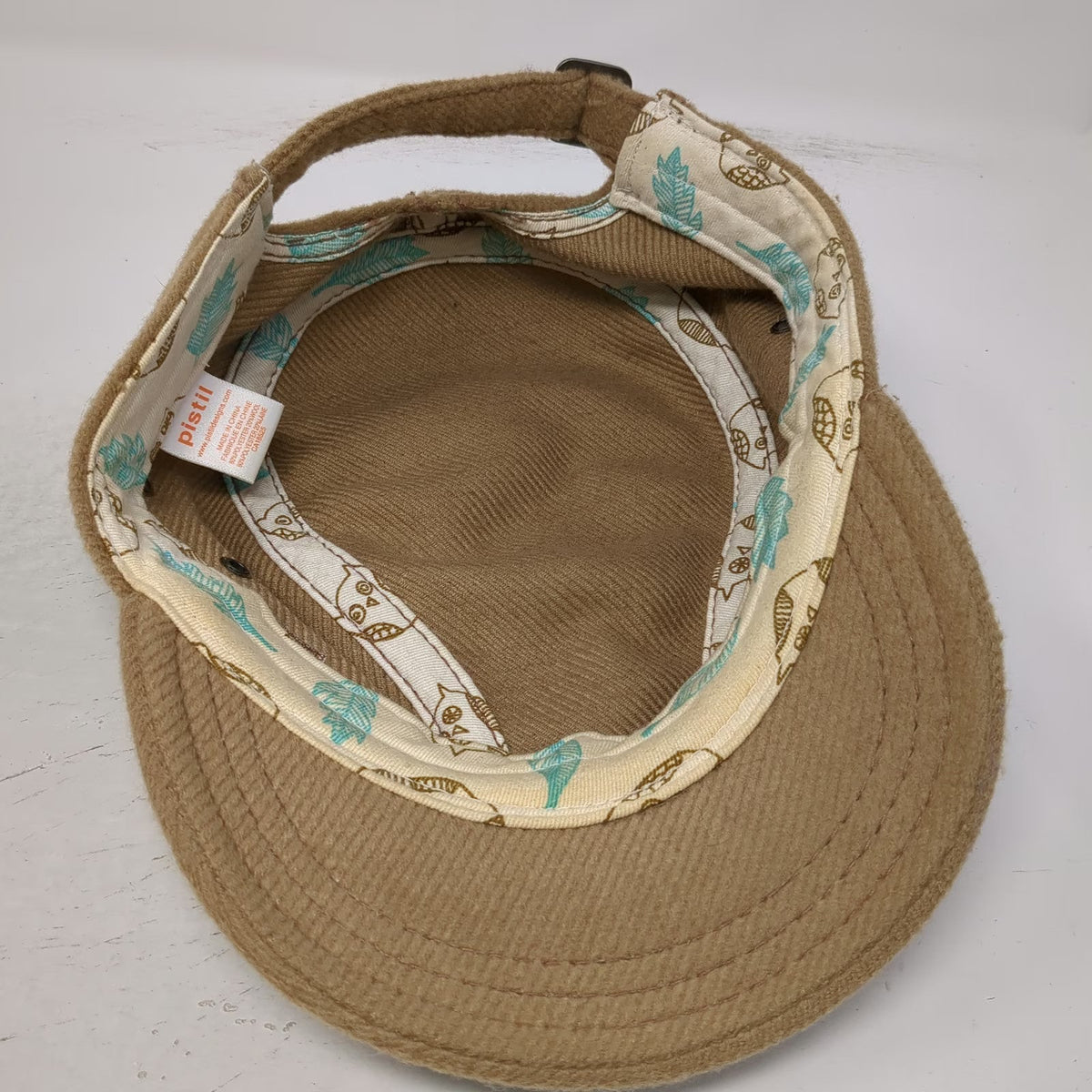 Pistil Army Cap Brown One Size Wool Blend Tree Logo Slideback Owl Lining Hat