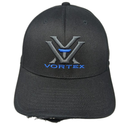 Vortex Baseball Cap Black XL Flexfit Structured Embroidered Logo Distressed Hat