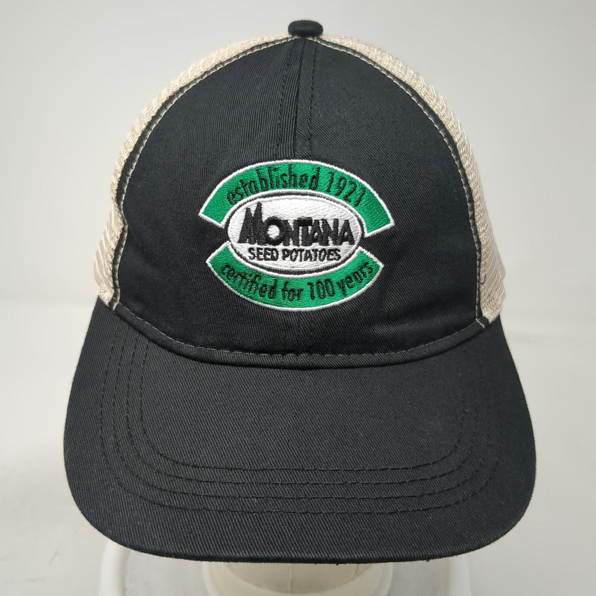 Hit Wear Trucker Hat Black Beige One Size Montana Seed Potatoes 100 Years Patch