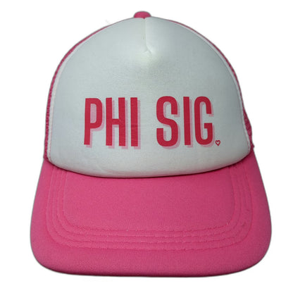 Trucker Hat Pink White One Size Phi Sig Sorority Heart Mesh Back Snapback Foam