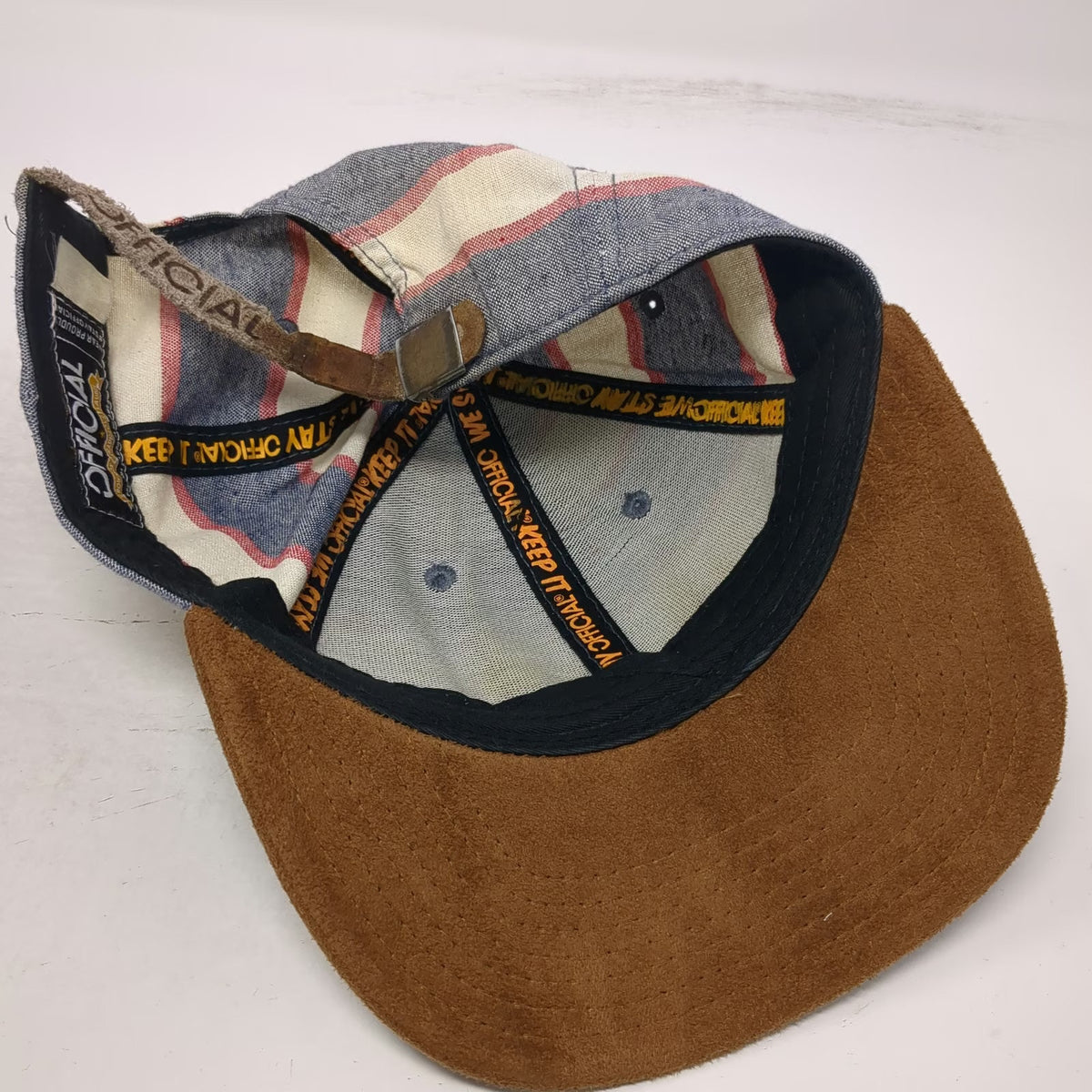 Official Baseball Cap Blue Red White Brown One Size Striped Suede Brim Patch Hat