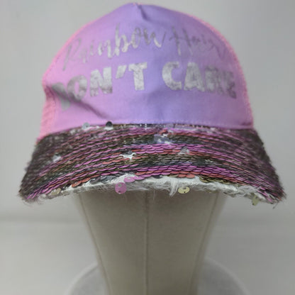 Rainbow Hair Don't Care Snapback Mesh Back Trucker Hat Multi One Size Sequin