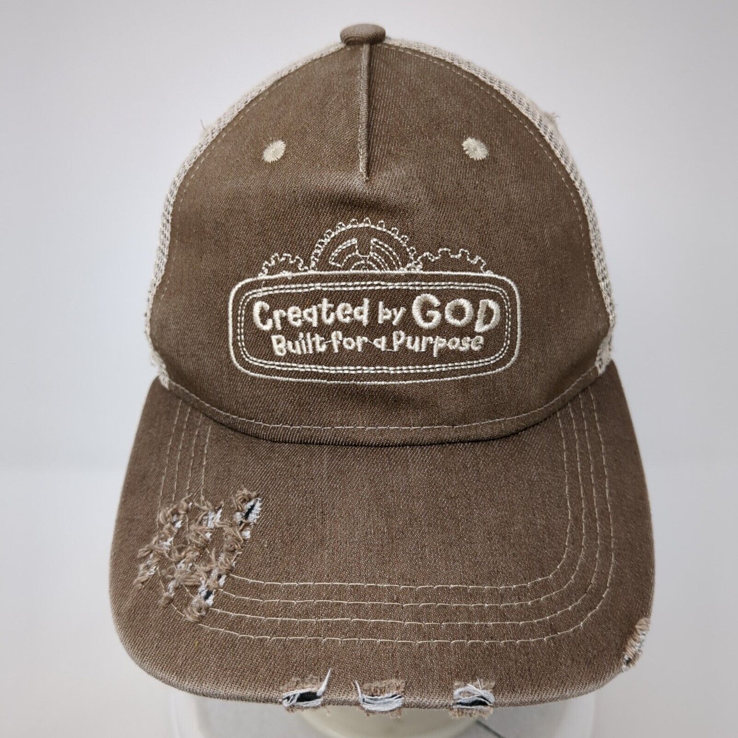 Created by God Built For A Purpose Strapback Hat Brown OS Adjustable Distressed